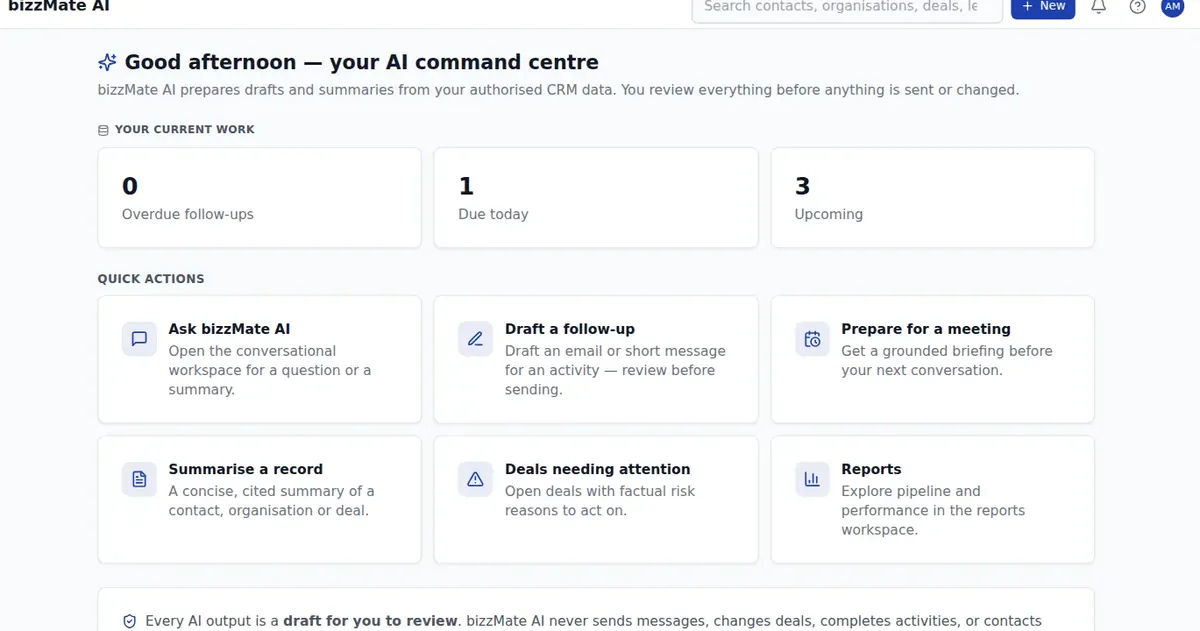 The bizzMate AI panel offering a grounded summary and a follow-up draft, each presented as a suggestion to review.