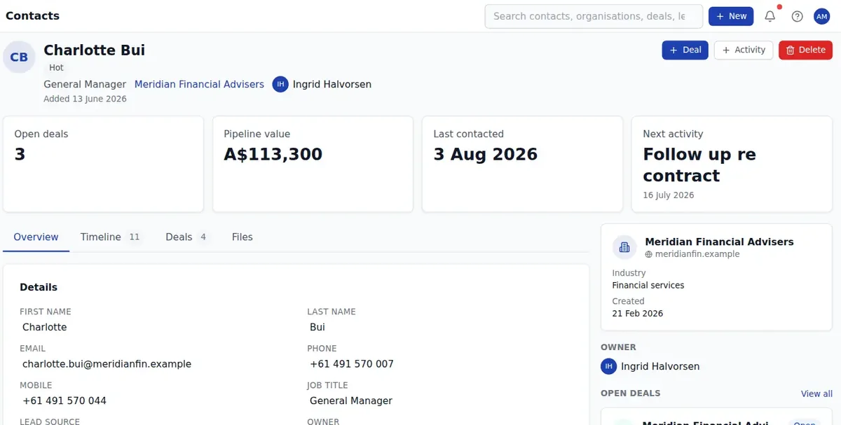 A bizzMate contact record showing the person's details, owner, last contact date and open deals, without the surrounding application navigation.