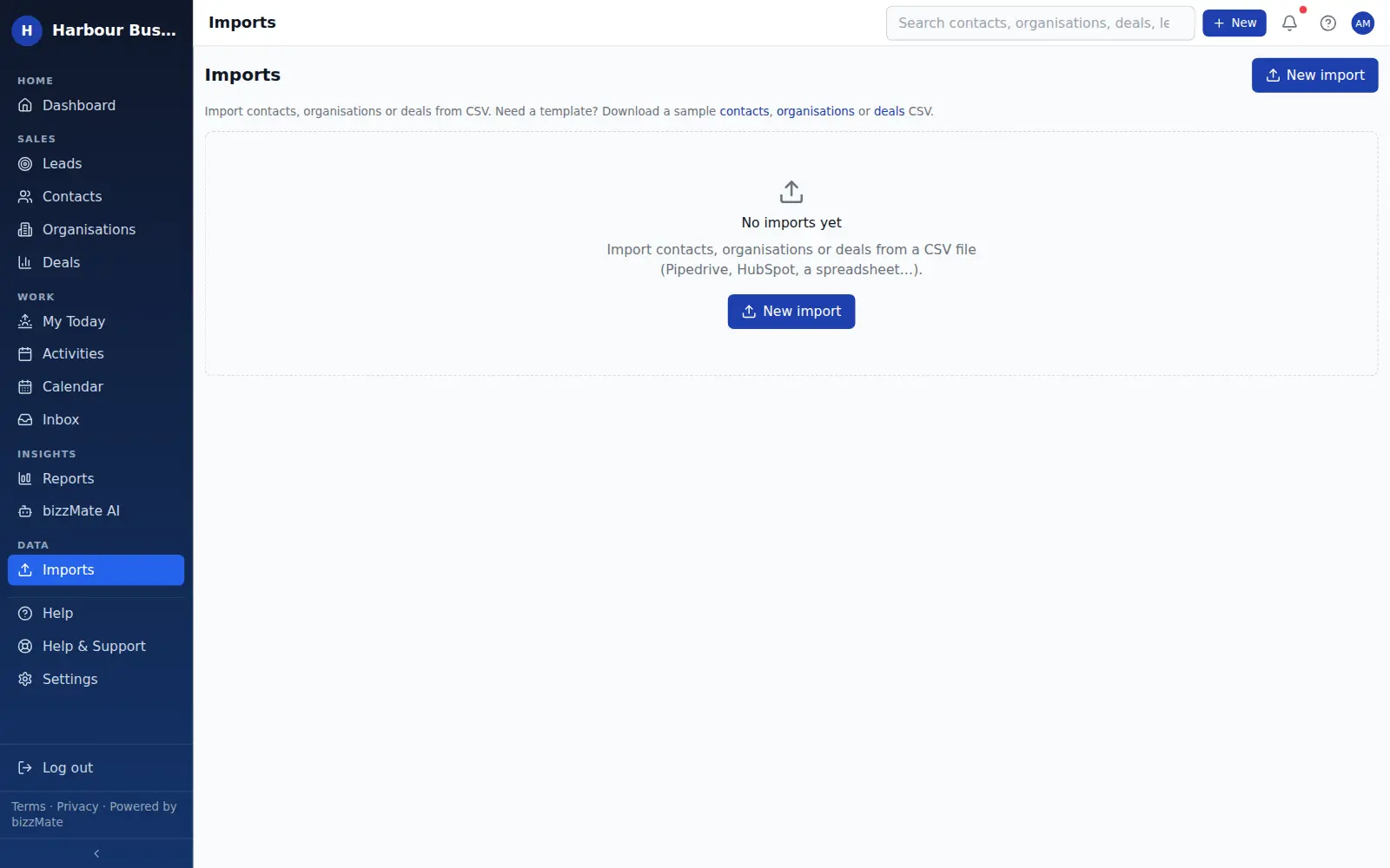 The bizzMate imports screen where a CSV file is uploaded, its columns are mapped to CRM fields and the result is previewed before anything is committed.