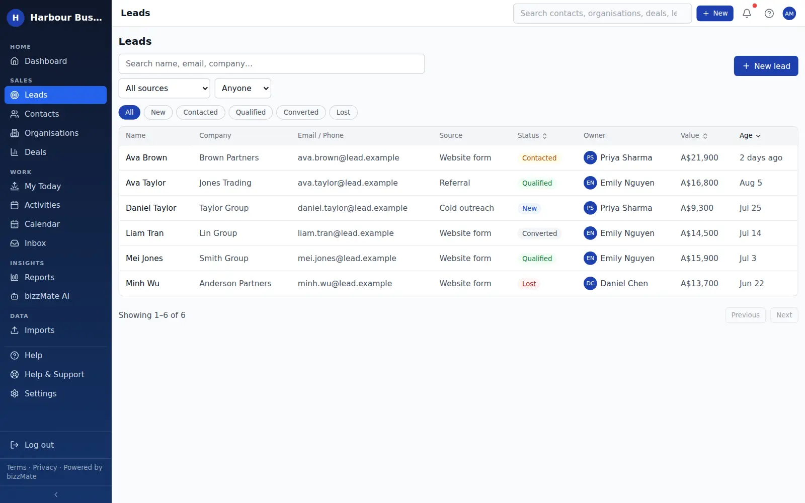 The bizzMate leads list showing new enquiries with their source, status and owner before they are converted into a contact, organisation and deal.
