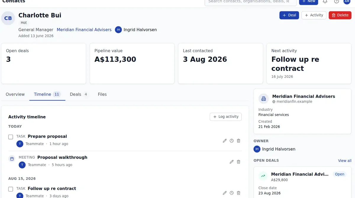 A bizzMate customer timeline showing meetings, calls and notes in date order against one organisation.